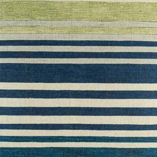 closer look at cushion with Blue and Olive Stripe pattern.