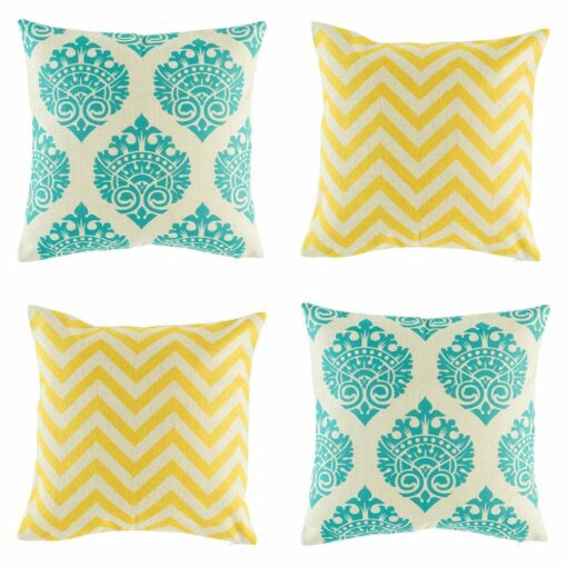 4 cushion cover with ikat and chevron prints in Teal and Yellow colours.
