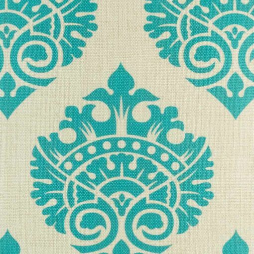 closer look at cushion with Teak Ikat pattern.