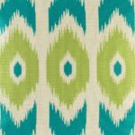 closer look at cushion cover with Turquoise and Lime Ikat pattern.