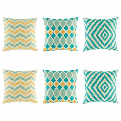 6 cushion in colours yellow and teal with chevron and diamond patterns.