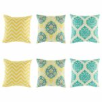 3 pairs of patterned cushion with chevron and ikat patterns in Yellow and Teal colours.