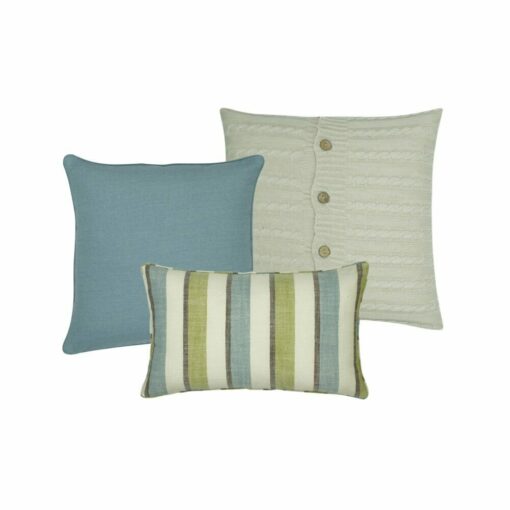 one blue cushion, one cable knit cushion with buttons and one big stripes cushion.