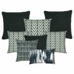 Three pieces of plain black cushion cover, 3 black and white cushion cover with chevron patterns, 1 black and white cusion cover, and one rectangular cushion in black and white