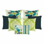 2 large cushion cover in lime, teal and grey hues. 2 plain square cushion. A pair of patterned cushion in lime and white and 1 rectangular cushion with floral designs