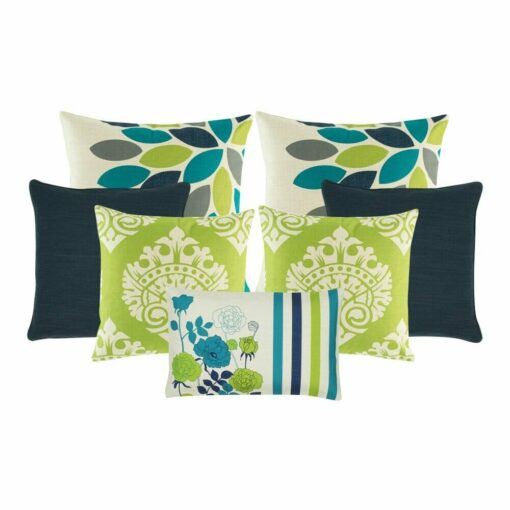2 large cushion cover in lime, teal and grey hues. 2 plain square cushion. A pair of patterned cushion in lime and white and 1 rectangular cushion with floral designs
