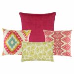 Three multi patterned cushion cover in fuchsia and yellow colours with rectangular leaf and diamond designs. One plain fuchsia cushion cover.