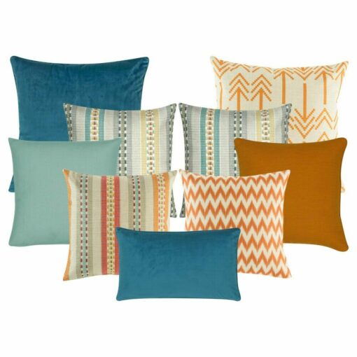 Four multi patterned cushion, one arrow design cushion and chevron cushion with orange colour. Two patterned cushion in teal, grey and orange colours. one set of plain cushion in teal and orange, one plain rectangular cushion in Blue colour.
