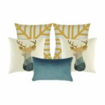 A pair of moose printed cushion, 2 gold and white cushion and one rectangle cushion in grey