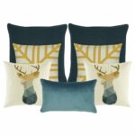 two white cushion with moose design, a set of 2 grey cushion, two gold and white patterned cushion and one plain grey rectangle cushion