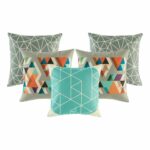 2 grey patterned cushion cover, 1 grey and orange cushion cover and 1 teal and white patterned cushion cover