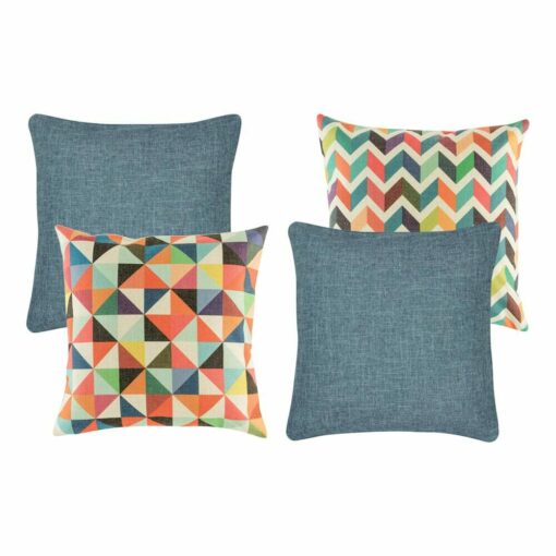 Two pieces of multicoloured cushion and two plain denim blue cushion