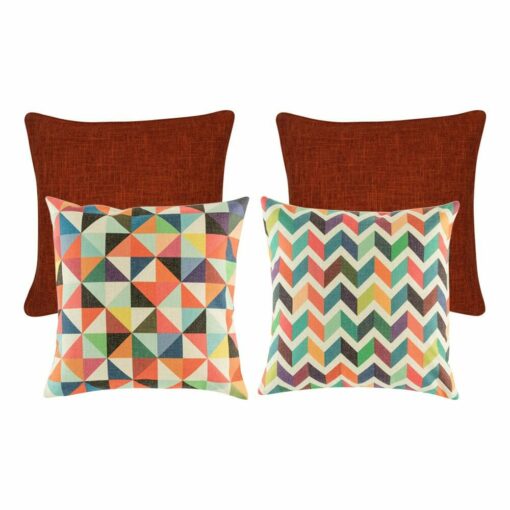 A pair of plain red cushion covers, and two pieces of rainbow coloured cushion covers