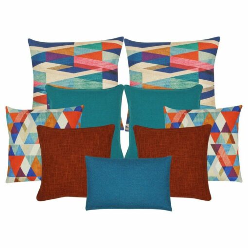 Two multi coloured cushion cover with diagonal patterns, a pair of teal coloured cushion cover, a pair of triangle patterned cushion cover, two plain dark orange cushion cover and one blue rectangular cushion cover