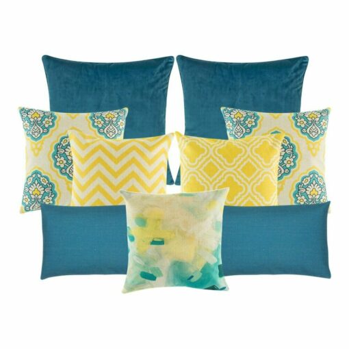 A pair of plain blue cushion, 5 multi patterned cushion cover in yellow, blue and white colours, and two plain rectangular cushion.