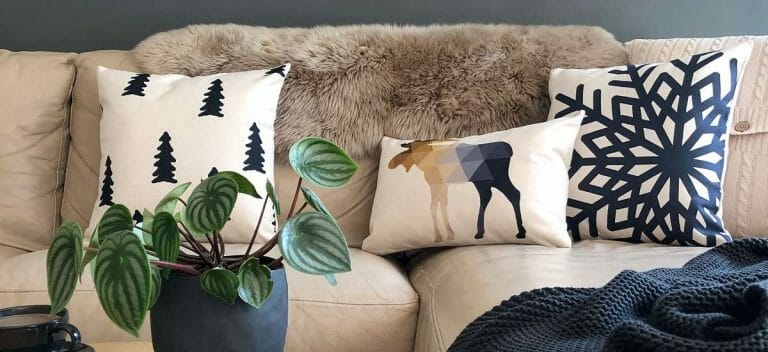 A beige sofa with cushions in navy and white inspired by winter.