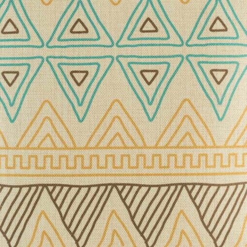 (45cmx45cm) Closer look at the multiple triangular pattern of cotton linen cushion cover in blue,yellow and brown
