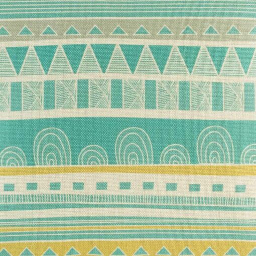 Close up of 45cmx45cm cotton linen blue, yellow and white cushion cover in multiple patterns.