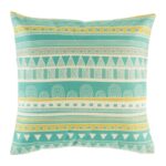 Picture of the multi patterned blue, yellow and white cushion cover made from cotton linen (45cmx45xm)