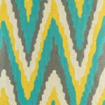 Closer look at 45cmx45cm the cotton linen cushion with blue, yellow, dark grey wide Zig Zag pattern