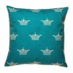 45cmx45cm cotton linen cushion cover in teal with white crown design.