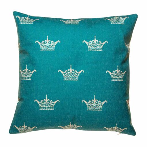 45cmx45cm cotton linen cushion cover in teal with white crown design.
