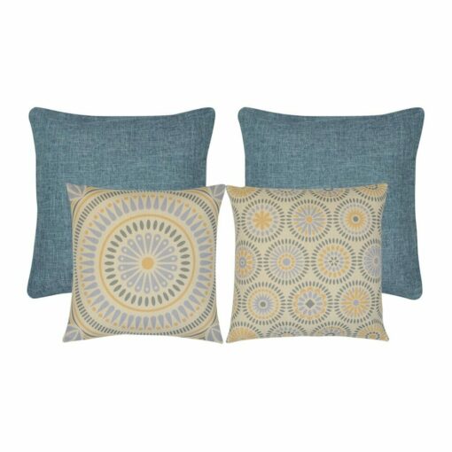 Mandala themed 4 cushion set with blue and yellow covers