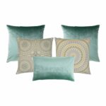 Image of 5 green and yellow cushions in velvet and cotton linen fabric