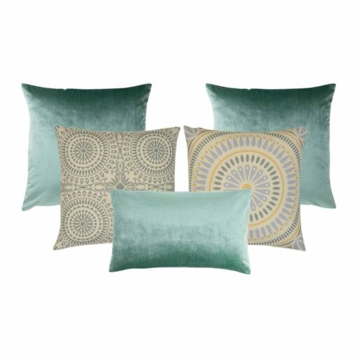 Image of 5 green and yellow cushions in velvet and cotton linen fabric