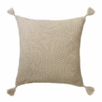 Image of beige wool knit cushion cover with tassels