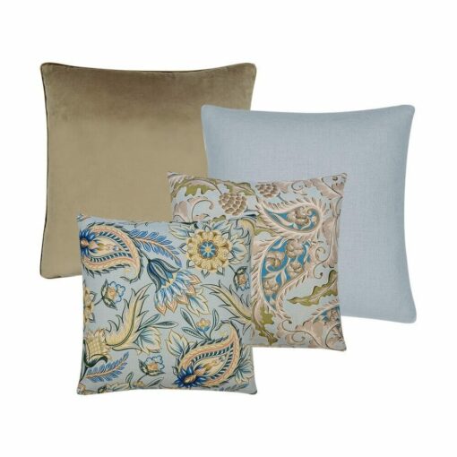 A set of 4 oyster coloured and pastel blue cushions with leaf prints