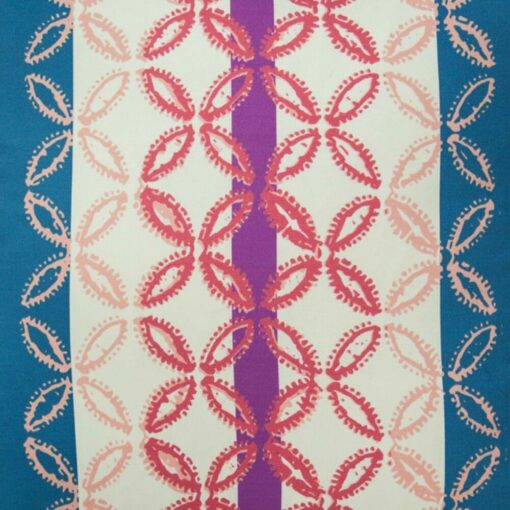 Close up image of colourful outdoor cushion cover with stripes and flower design