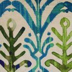 Close up image of Farsi motif 45cm x 45cm cushion cover in green and teal colours