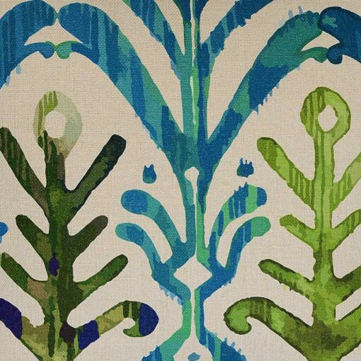 Close up image of Farsi motif 45cm x 45cm cushion cover in green and teal colours