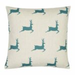 Cute Christmas cushion cover with teal stags printed in cotton linen blend material