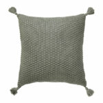 Image of grey knitted cushion cover with tassels