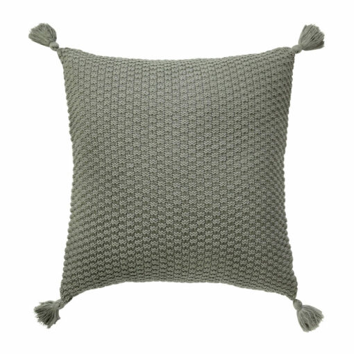 Image of grey knitted cushion cover with tassels