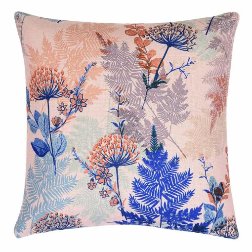 Photo of pink and blue cushion cover with fern design