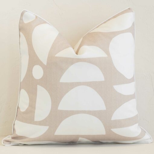 Horizon Geometric Waterproof Sand Outdoor Cushion Cover - SC1063-45 Sand geometric cushion cover sits against a white wall. It is constructed from a superior looking outdoor material and has square dimensions.