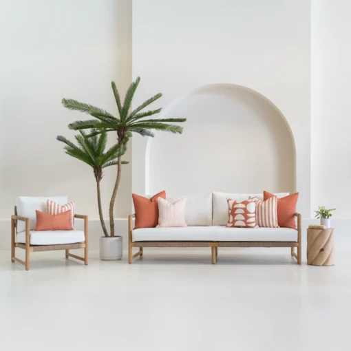 Horizon Rust Outdoor Sofa Lounge Set - 7 Covers - COLO1228 7 outdoor sofa cushions in a horizon rust colour shown on a white sofa.