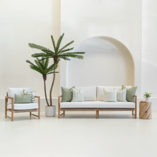 Horizon Sage Outdoor Sofa Lounge Set - 7 Covers - COLO1229 Outdoor seating with white sofa displaying a set of 7 horizon sage outdoor sofa cushions on it.