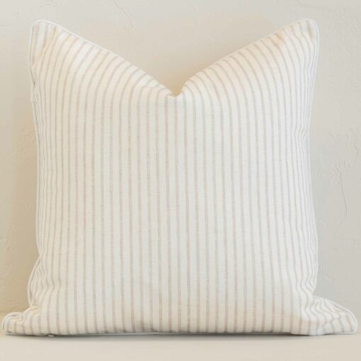 Vibrant sand stripe cushion cover constructed from outdoor fabric and shown in a square size.