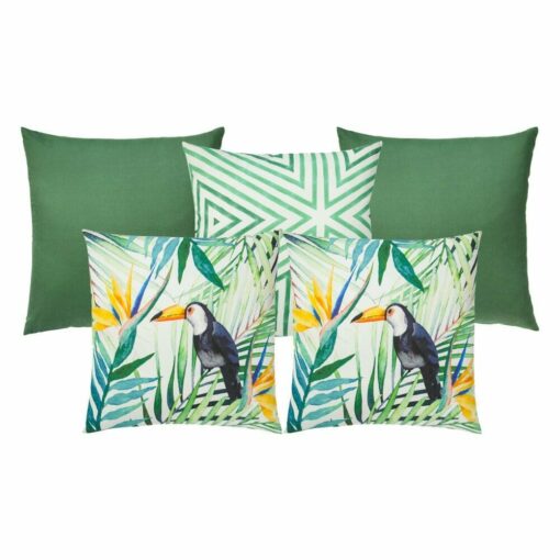 Photo of 5 green square outdoor cushion covers with toucan bird print