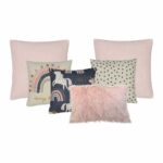 Cute girls bedroom 6-piece cushion cover set with unicorns, rainbow and faux fur