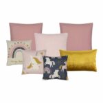 7 piece cushion cover set in gold and pink colours with rainbow and unicorns theme