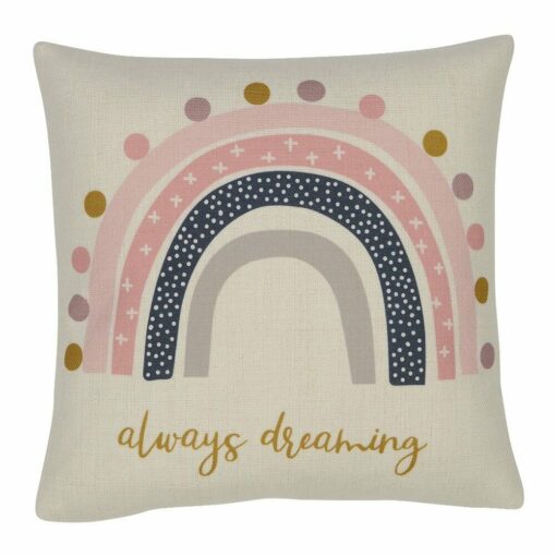 Image of kids cushion cover with pastel pink rainbow