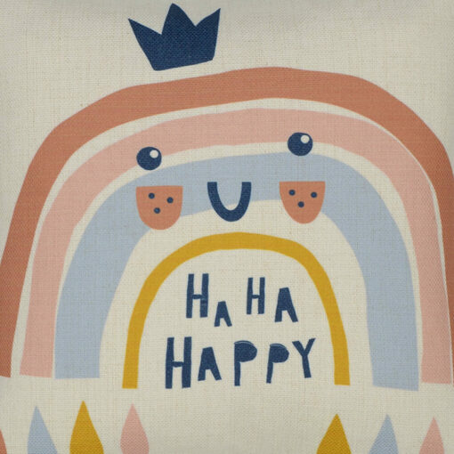 Close up photo of square cushion with colourful happy rainbow