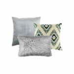 A photo of a single silver square cushion cover, a grey diamond pattern cushion cover and one grey rectangular faux fur cushion.