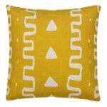 Photo of yellow mustard square cushion with Mali inspired print