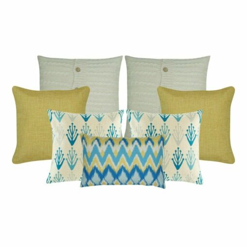 Two cushion covers in cable knit design, two gold cushion covers, two plant pattern cushion covers and one chevron pattern in rectangular shape.